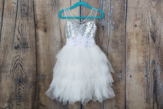 White Tulle Flower Girl Dress Silver Sequin Wedding Gown Etsy