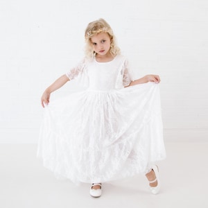 White Vintage Lace Flower Girl Dress, Boho Rustic Tulle Dress, Special Occasion Birthday or Wedding Outfit for Girls image 4