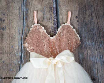 Rose Gold Flower Girl Dress, Ivory Tulle Wedding Dress, Boho 1st Birthday Dress, Baby Dress. Ava