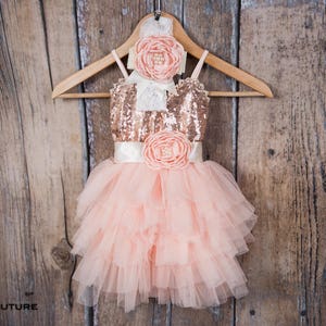 May include: A peach-colored tulle dress with a sequined bodice and a satin sash. The dress has a flower embellishment on the bodice and a matching headband.