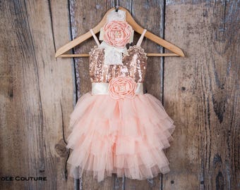 Rose Gold Sequin Flower Girl Dress, Blush Pink Tulle Princess Gown, First Birthday Dress, Beach Wedding Outfit, Baby Girl Gown