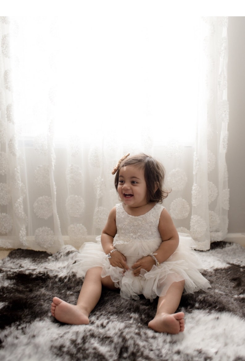 White Lace Infant Flower Girl Dress, Romantic Tulle Wedding Gown for Baby Girl, Boho Chic Blessing Day Outfit image 11
