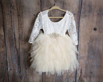 Boho Lace Flower Girl Dress, Rustic Ivory Tulle Dresses, Bohemian Dress, Champagne Long Sleeve Wedding Dress