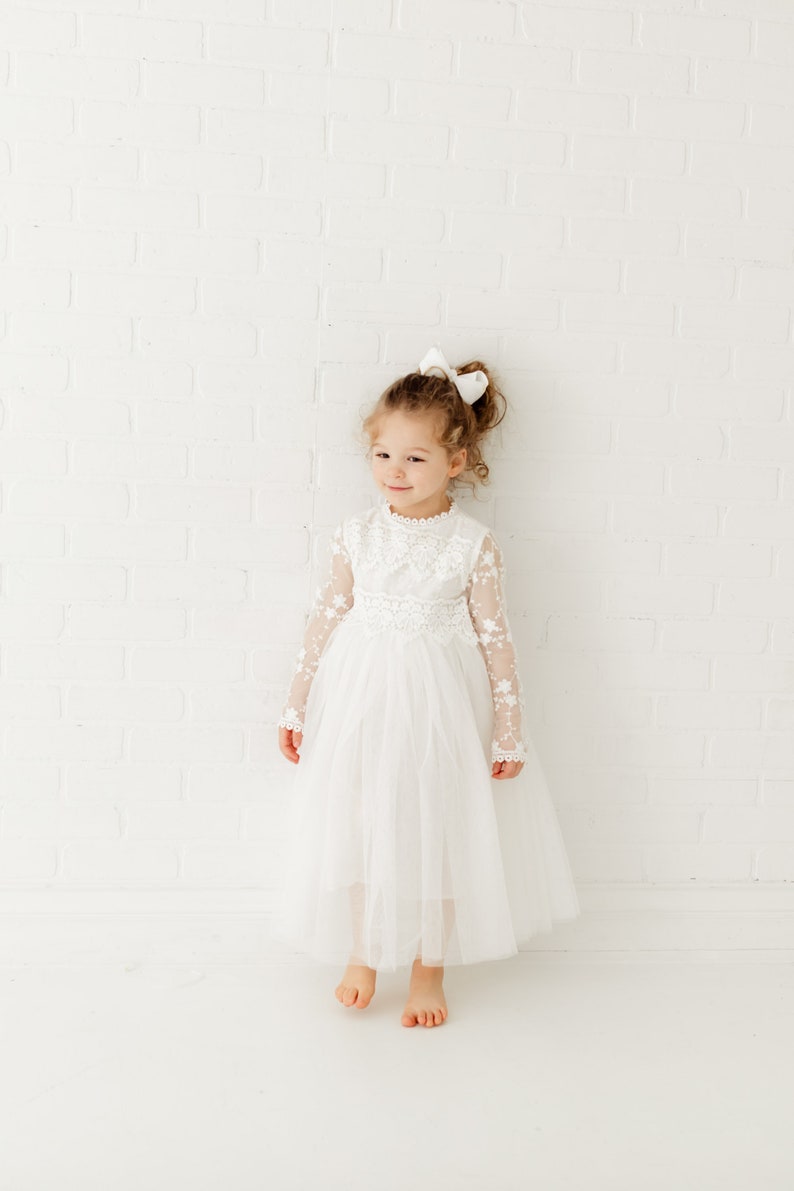 Long Sleeve Lace Flower Girl Dress, Rustic White Tulle Wedding Dress, Bohemian Lace Dress, Boho Christening Gown, Baptism Dress image 7
