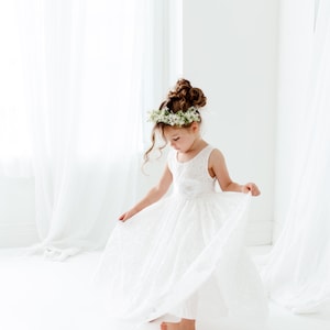 White Boho Flower Girl Dress with Tulle, Rustic Wedding Girl Dress, Bohemian Junior Bridesmaid Dress, Flower Girl Proposal Outfit image 7