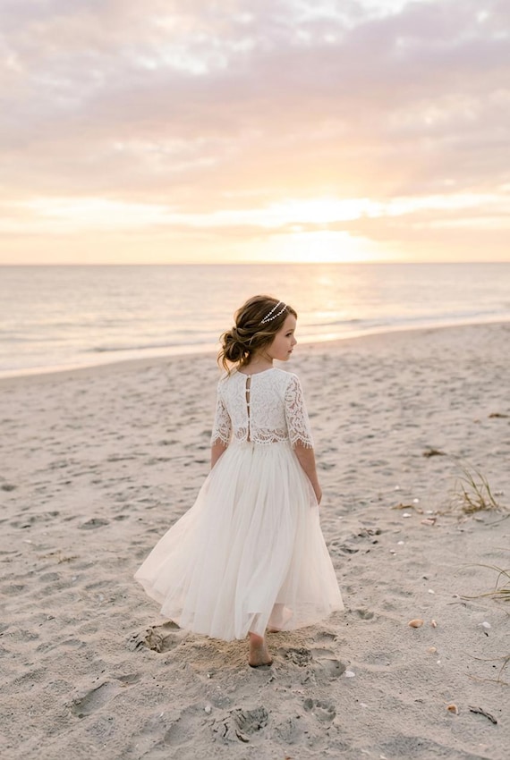 Two Piece High Waist Tulle Skirt White Lace Flower Girl Dress, Boho Wedding Toddler Bridesmaid Outfit