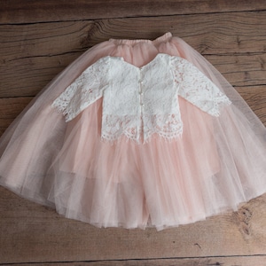 White Lace Flower Girl Dress, Two Piece Blush Pink Tulle Skirt, Boho Beach Wedding
