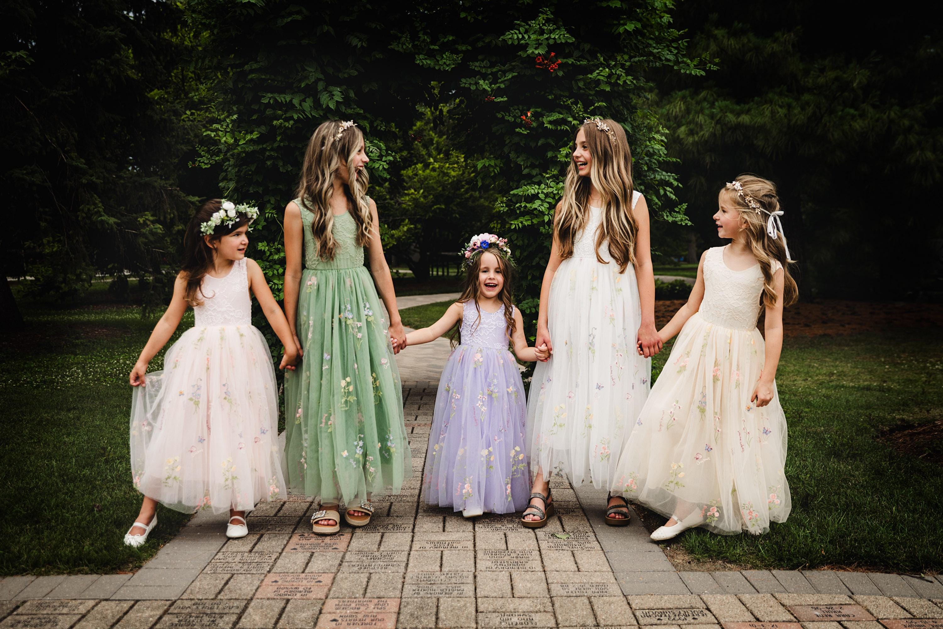 Sage Green Blossom Flower Girl Dress, Bohemian Lace Wedding Dress for Girls, Floral Detail Junior Bridesmaid Gown