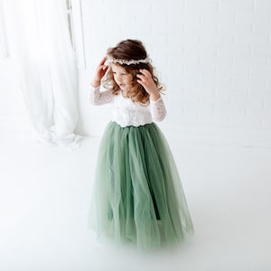 Sage Green Long Sleeve Flower Girl Dress, White Lace Boho Wedding Dress for Girls, Mint Tulle Ball Gown, Eucalyptus & Fern Inspired image 8