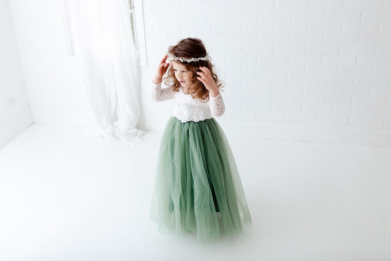Sage Green Long Sleeve Flower Girl Dress, White Lace Boho Wedding Dress for Girls, Mint Tulle Ball Gown, Eucalyptus & Fern Inspired image 8