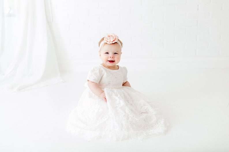 Eve White Lace Christening Gown, Infant Baptism Dress, Unique Baby Boho Dress, Flower Girl image 5