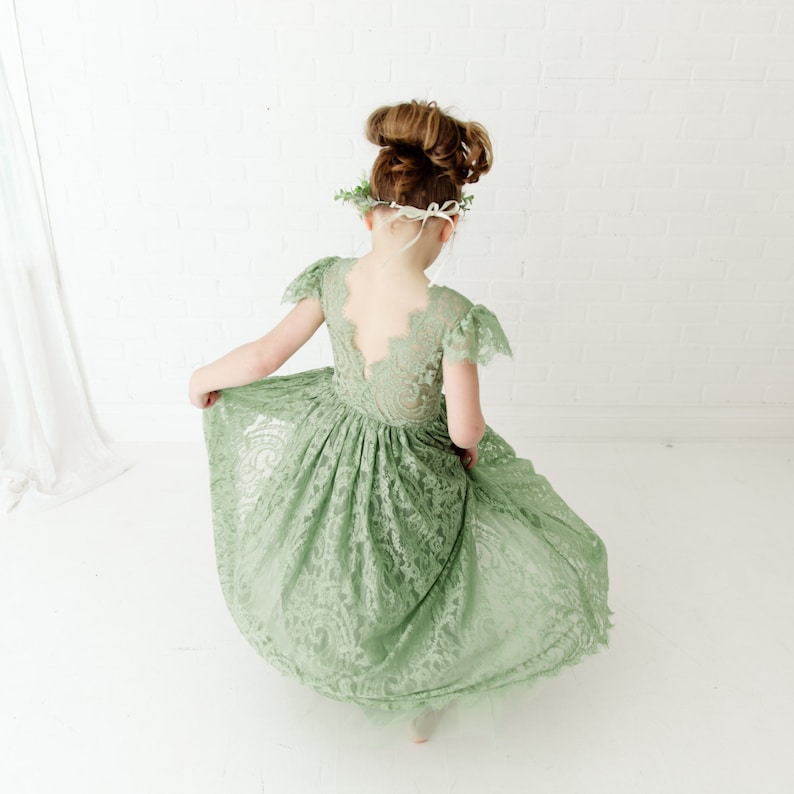 Vestido de niña de flores verde salvia, vestido de novia de tul boho rústico, vestidos boho verdes, vestido de encaje adolescente imagen 7