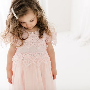 Rustic Lace Flower Girl Dress, Blush Pink Boho Wedding Dress for Girls, Rose Gold Tulle Junior Bridesmaid Gown image 9
