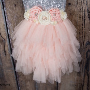May include: A pale pink tulle tutu skirt with a layered design. The skirt has a flower sash with peach, white, and cream flowers.