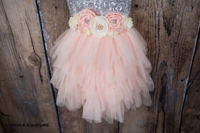 May include: A pale pink tulle tutu skirt with a layered design. The skirt has a flower sash with peach, white, and cream flowers.