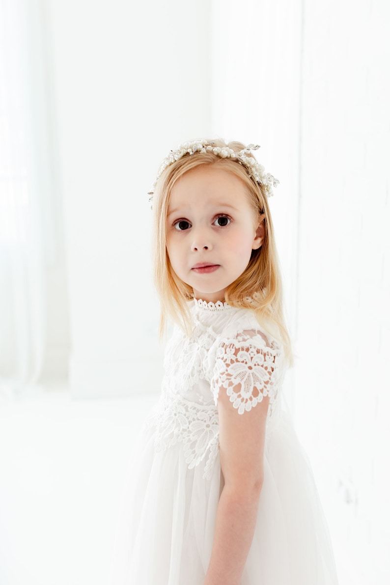 Sienna Bohemian Flower Girl Dress in White, Vintage Lace Tulle Gown, Rustic Wedding Dress for Girls, Toddler Princess Dresses image 8