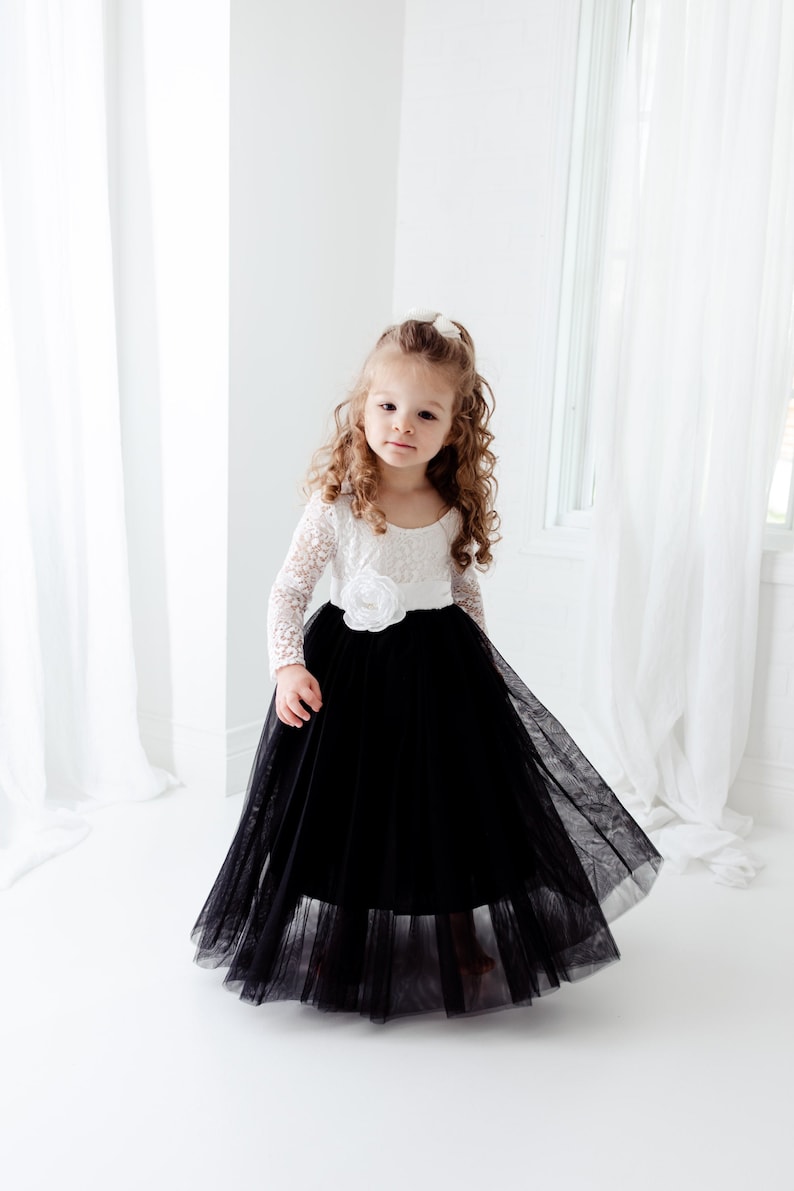 Black and White Flower Girl Dress Black Tulle Long Sleeve Etsy