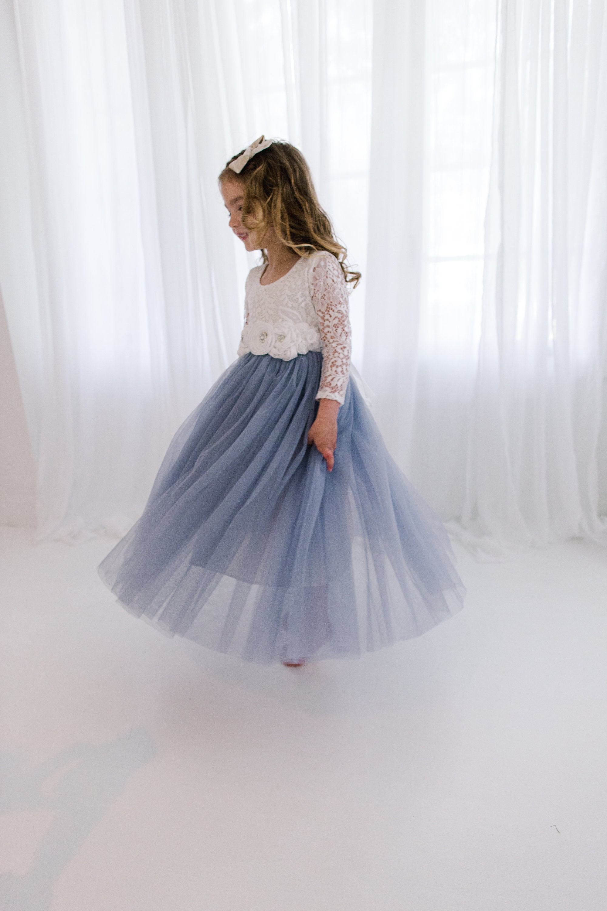 steel blue flower girl dress