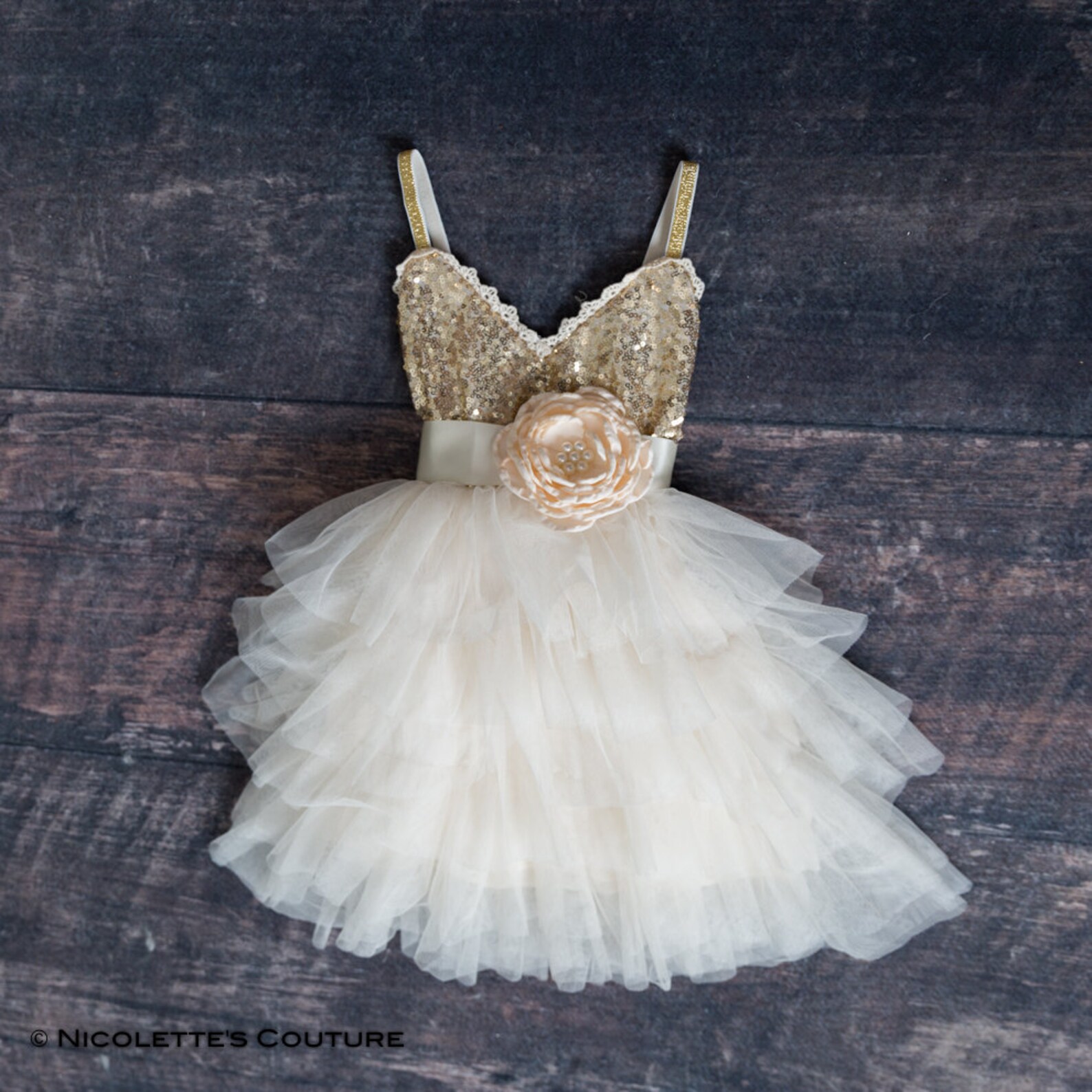 Gold Sequin Flower Girl Dress Ivory Tulle Wedding Dress Boho Etsy