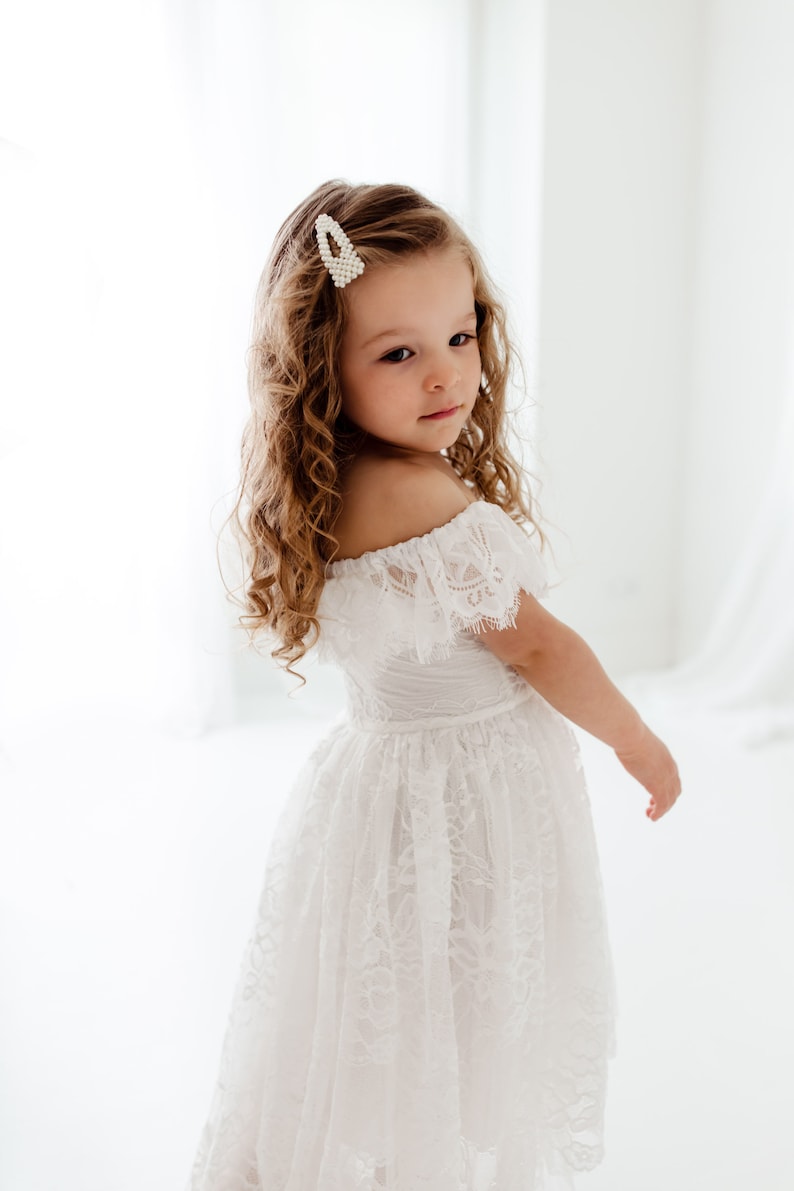 Bohemian White Flower Girl Dress, Lace Tulle High Low Wedding Gown, Off the Shoulder Grecian Style Dress image 1