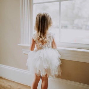 Romantic White Lace Flower Girl Dress, Ivory Tulle Crochet Wedding Gown, Princess Tutu, Boho Chic Beach wedding image 10