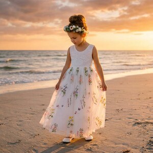 Vestido bohemio blanco para niña de las flores, con encaje y tul, estilo rústico vintage con flores para niña, atuendo de princesa para boda. imagen 10