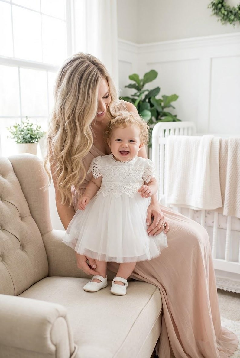 Leah Lace Christening Gown, White Baptism & Flower Girl Dress, Boho Linen Style Baby Blessing Outfit image 1