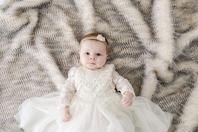 Tyra Ivory Lace Flower Girl Dress, Bohemian Tulle Wedding Dress, Rustic Baby Christening Gown image 7