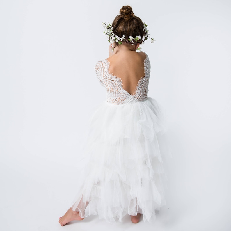 Romantic White Lace Toddler Flower Girl Dress, Boho Long Sleeve Crochet Tulle Wedding Gown for Girls image 1