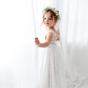 White Boho Flower Girl Dress with Tulle, Rustic Wedding Girl Dress, Bohemian Junior Bridesmaid Dress, Flower Girl Proposal Outfit image 9