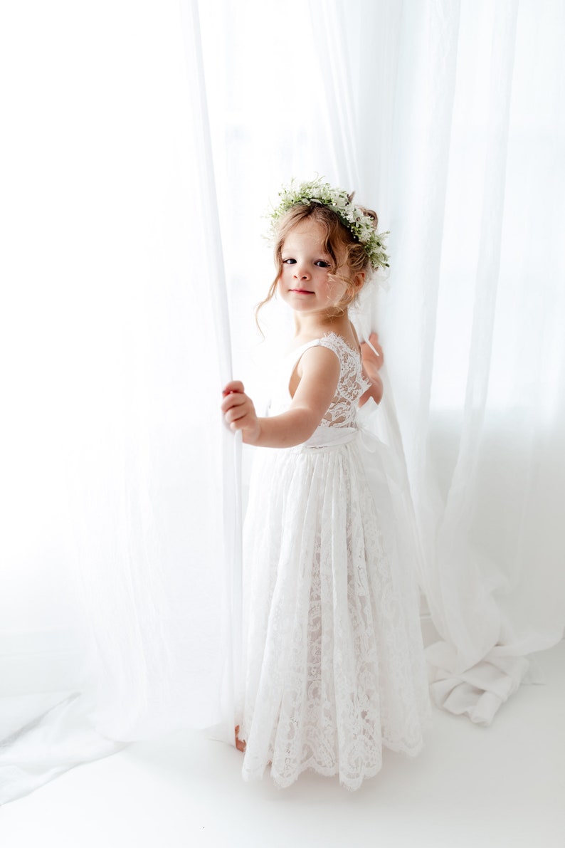 White Boho Flower Girl Dress with Tulle, Rustic Wedding Girl Dress, Bohemian Junior Bridesmaid Dress, Flower Girl Proposal Outfit image 9