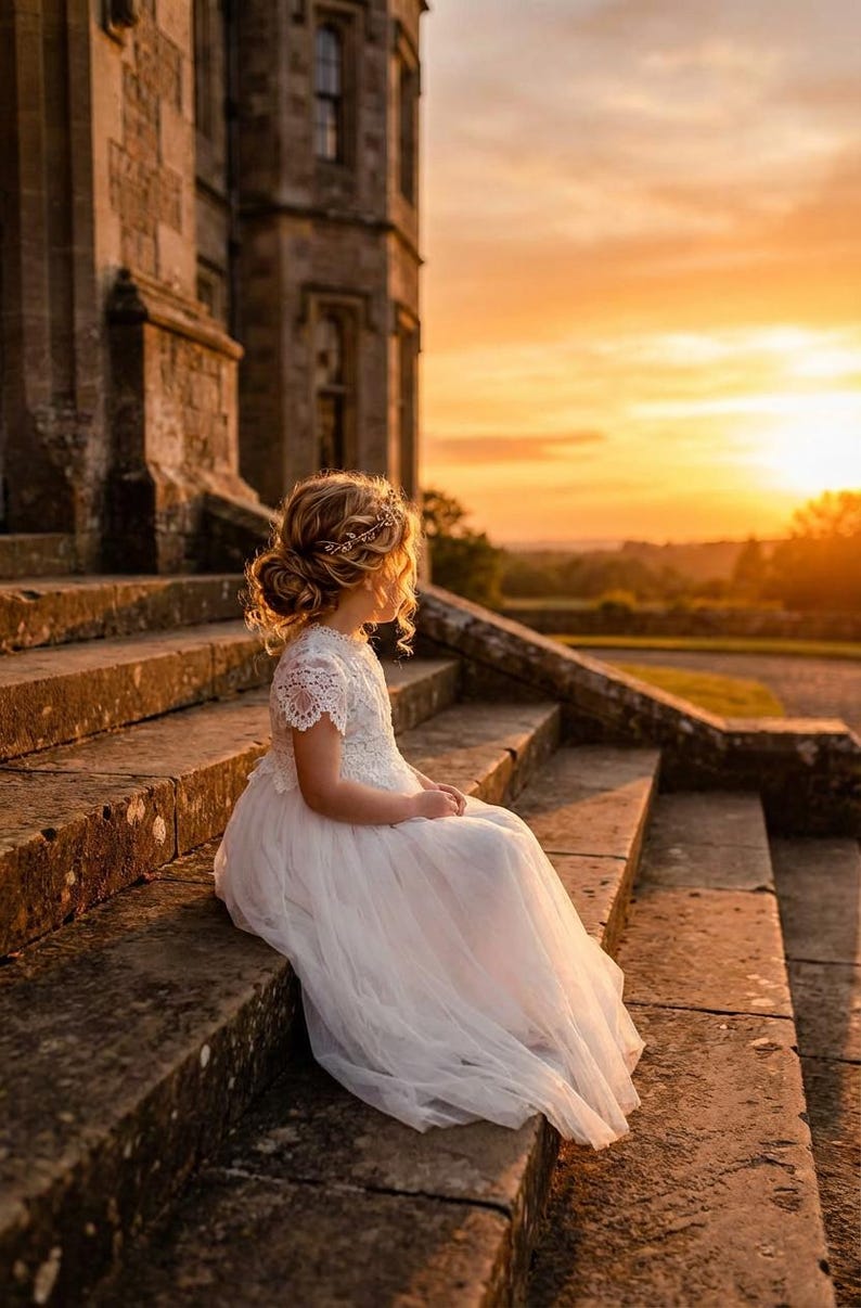 Boho White Sienna Flower Girl Dress, Romantic Lace Tulle Dress for Girls, Bohemian Junior Bridesmaid Dress, Rustic Wedding Outfit image 2