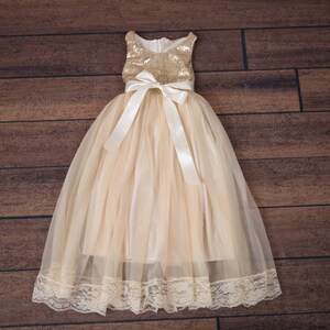 Champagne Gold Flower Girl Dress, Long Sequin Ball Gown, Ivory Beige Boho Lace Dress, Bohemian Beach Wedding Girl Outfit image 2