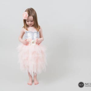 Silver Sequin Dress, Blush Pink Tulle Flower Girl Dress, Birthday, Elegant, Stylish, Boho Chic, Will You Be My Flower Girl- Jillian