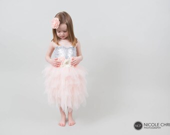 Silver Sequin Dress, Blush Pink Tulle Flower Girl Dress, Birthday, Elegant, Stylish, Boho Chic, Will You Be My Flower Girl- Jillian