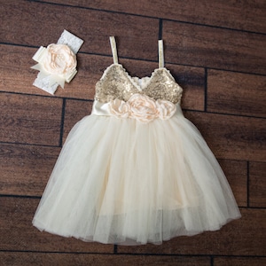 Ivory Tulle Flower Girl Dress, Infant Gold Sequin Girls Spring Dresses, Flower Girl Proposal