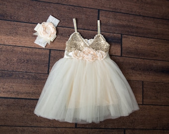 Ivory Tulle Flower Girl Dress, Infant Gold Sequin Girls Spring Dresses, Flower Girl Proposal