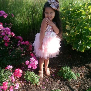 May include: A young girl wearing a pink tulle dress with a floral embellishment and a gold glitter headband. She is standing in a garden with pink flowers.