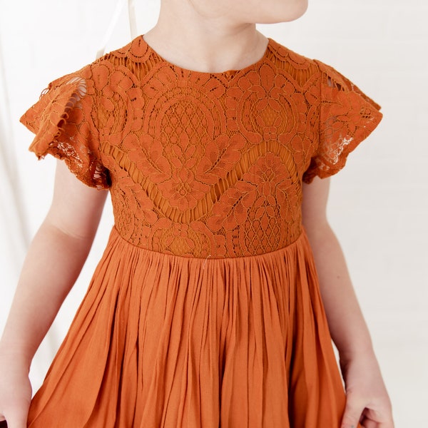 Burnt Orange Flower Girl Dress, Rust Lace Wedding Gown, Terracotta Dress, Boho Terra Cotta