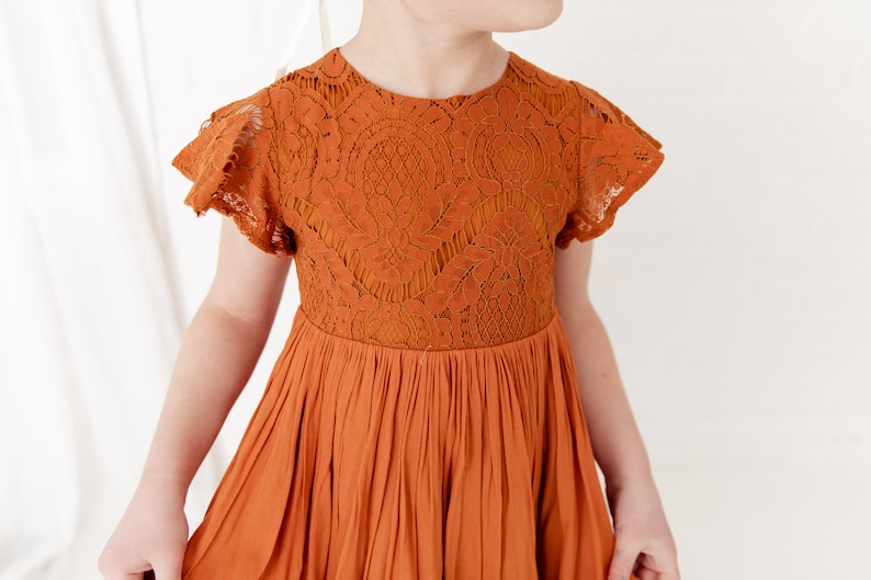 Op de afbeelding: Een roestkleurige jurk met een kantboord en een geplooide rok.