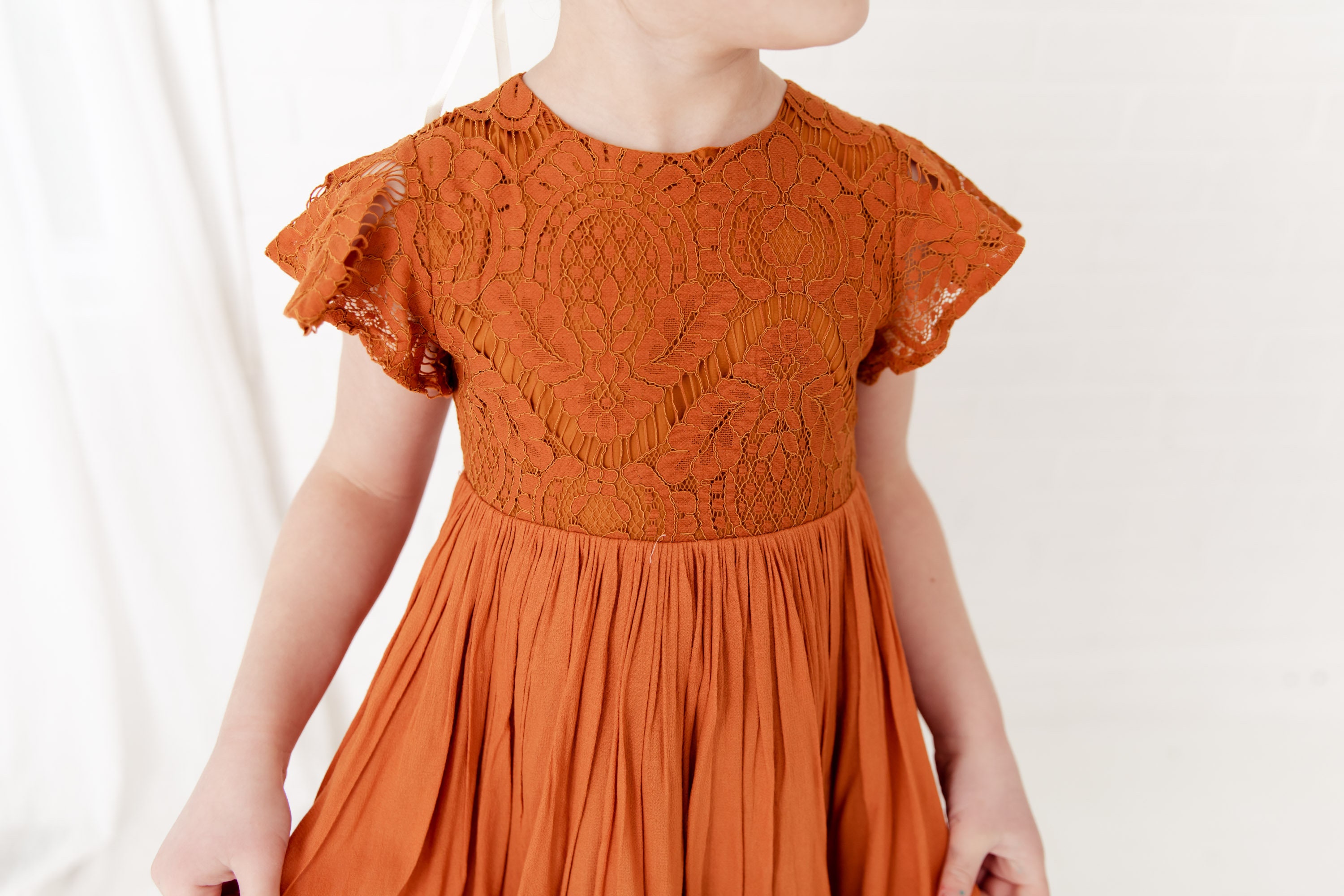 Burnt Orange Flower Girl Dress, Rust Lace Wedding Gown, Terracotta Dress, Boho Terra Cotta