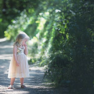 Champagne Gold Flower Girl Dress, Long Sequin Ball Gown, Ivory Beige Boho Lace Dress, Bohemian Beach Wedding Girl Outfit image 8