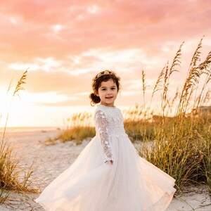 Long Sleeve White Lace Flower Girl Dress, Bohemian Tulle Christening Gown for Baby Girl, Baby Baptism Outfit image 14