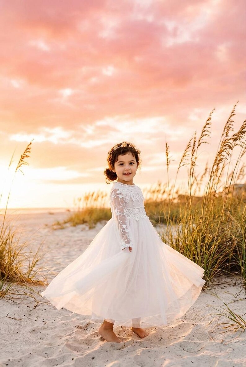 Long Sleeve White Lace Flower Girl Dress, Bohemian Tulle Christening Gown for Baby Girl, Baby Baptism Outfit image 14