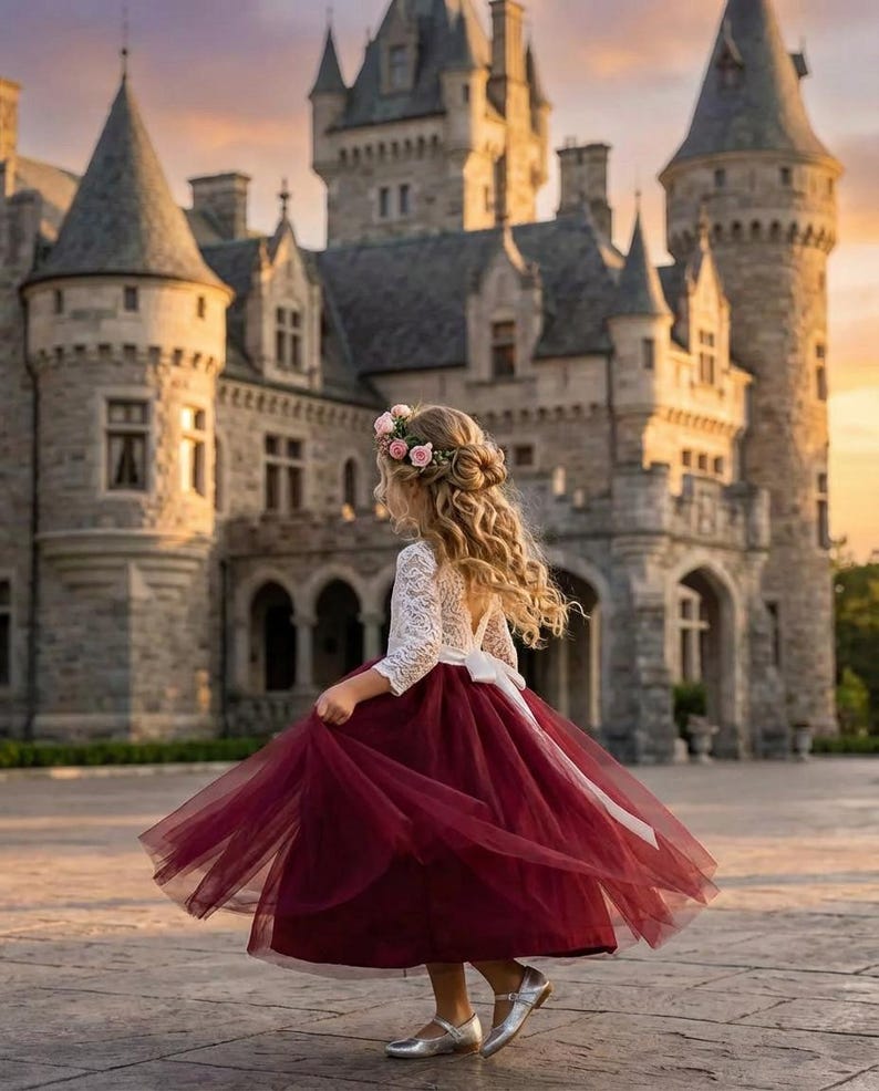 Burgundy Lace Flower Girl Dress, Vintage White Laces Wedding Dresses for Girls, Will You Be My Flower Girl Proposal Outfit image 1
