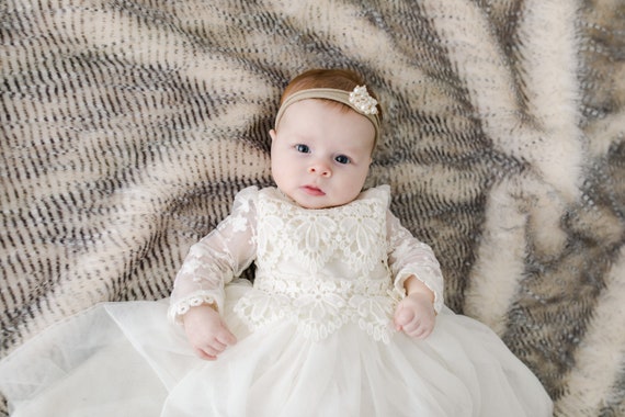 Baby Ivory Tyra Dress, Rustic Ivory Flower Girl Dress, Boho Tulle Long Sleeve Lace Gown, Christening & Baptism Dresses for Baby Girl