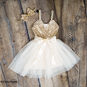 Ivoire Tulle Fleur Fille Robe, Robe de mariée à paillettes dorées, Boho Beach Mariage, Serez-vous ma proposition de fille de fleur