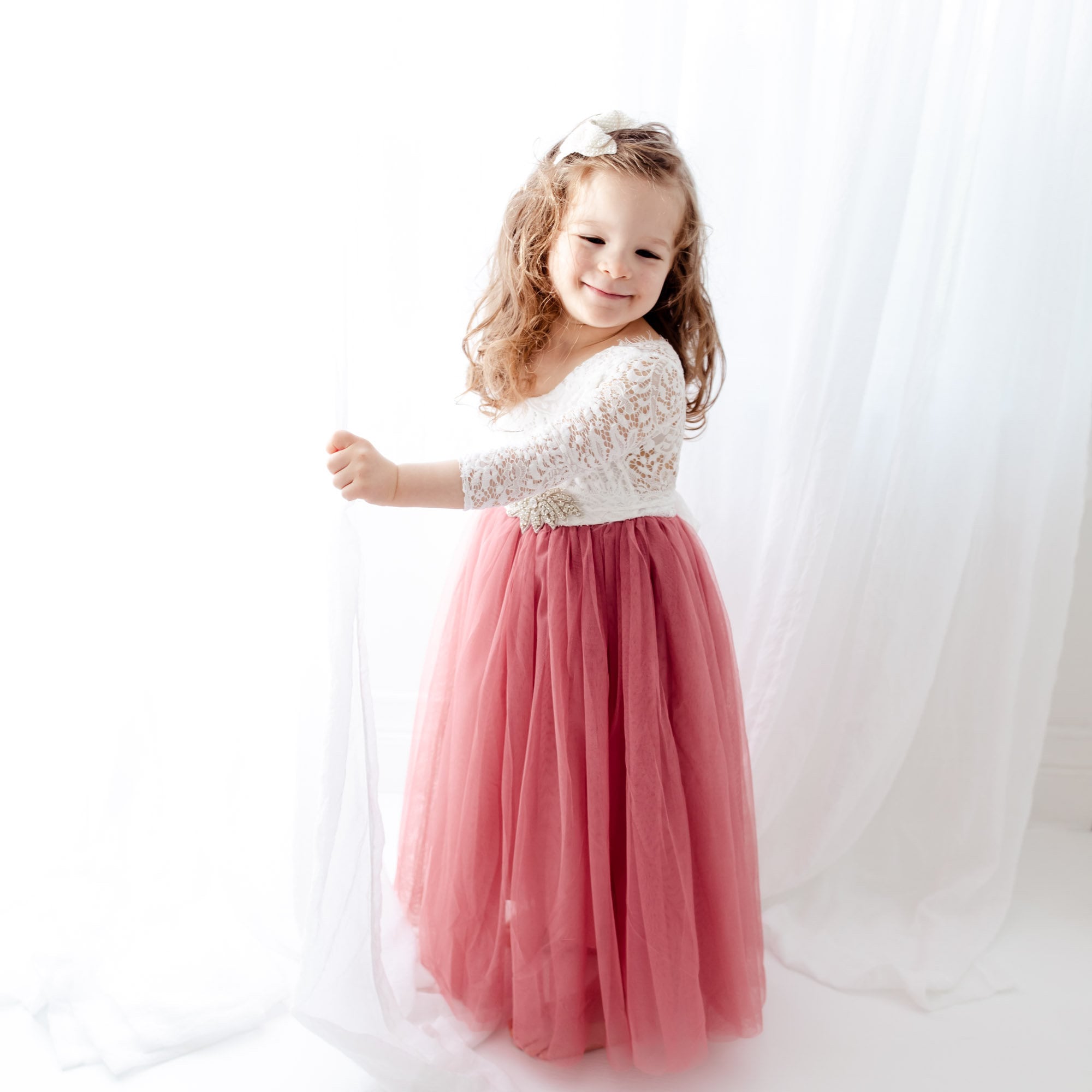 Dusty Rose Tulle Flower Girl Dress, White Lace Long Sleeve Wedding Dress, Mauve Ball Gown, Pink Floor Length Gown