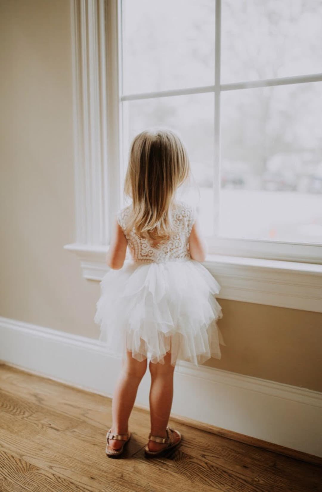 White Lace Infant Flower Girl Dress, Boho Tulle Wedding Gown, Elegant