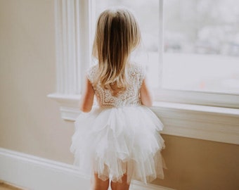 White Lace Infant Flower Girl Dress, Boho Tulle Wedding Gown, Elegant Beach Wedding, Spring Dresses